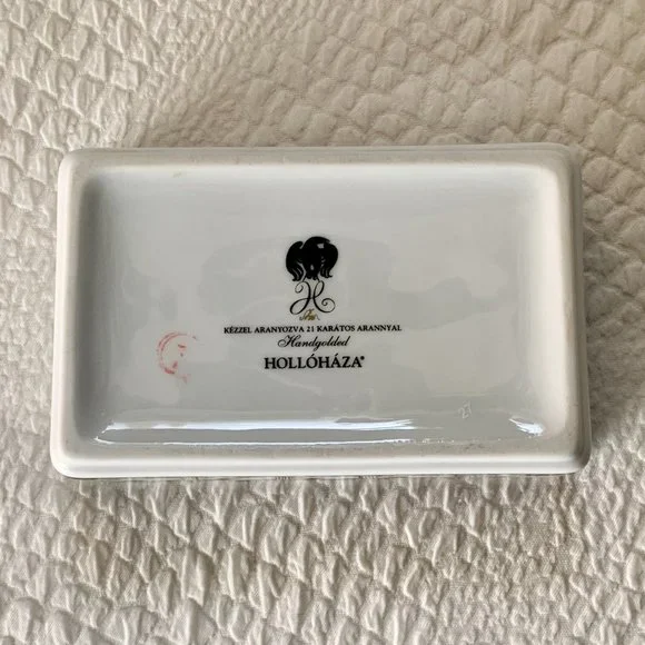 Vintage 80s Hollohaza Szasz Endre Porcelain Lidded Box Trinket 21K Gold Plated - Picture 10 of 13